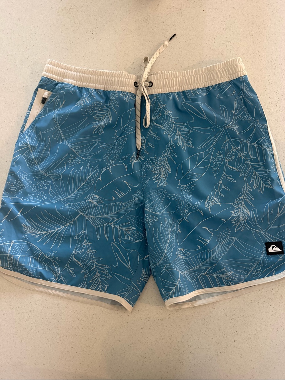 Quiksilver Teal Blue Leaf Print Swim Trunks